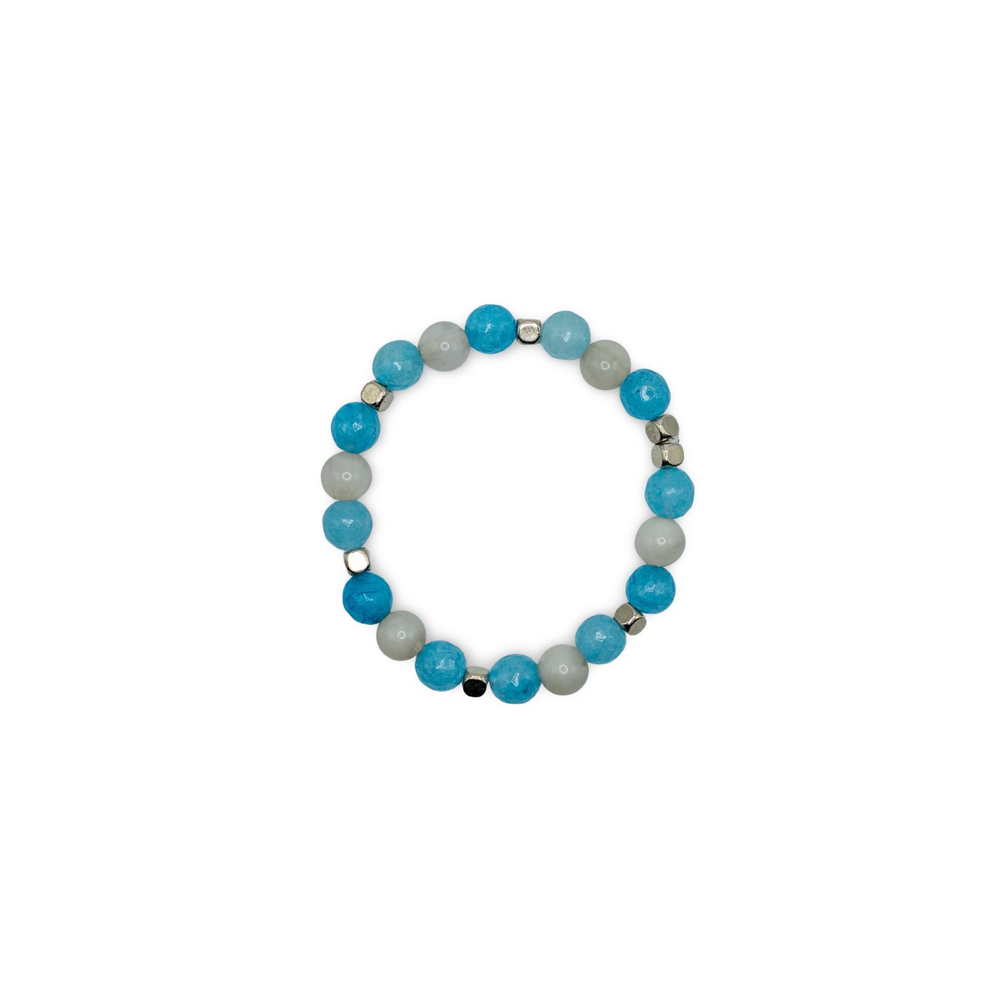 Beaded bracelet with blue and gray beads silver