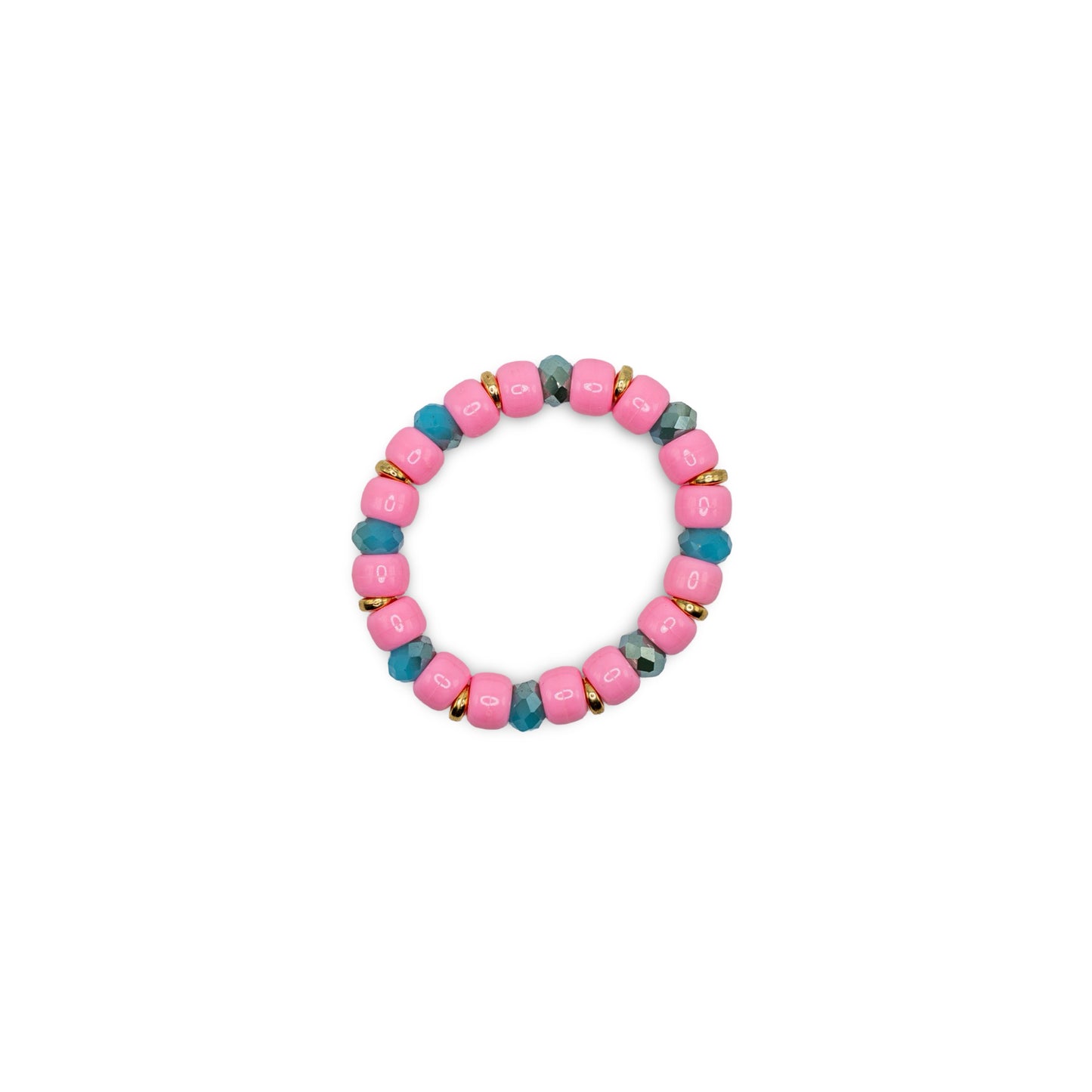 Beaded bracelet with pink, blue, and gold beads