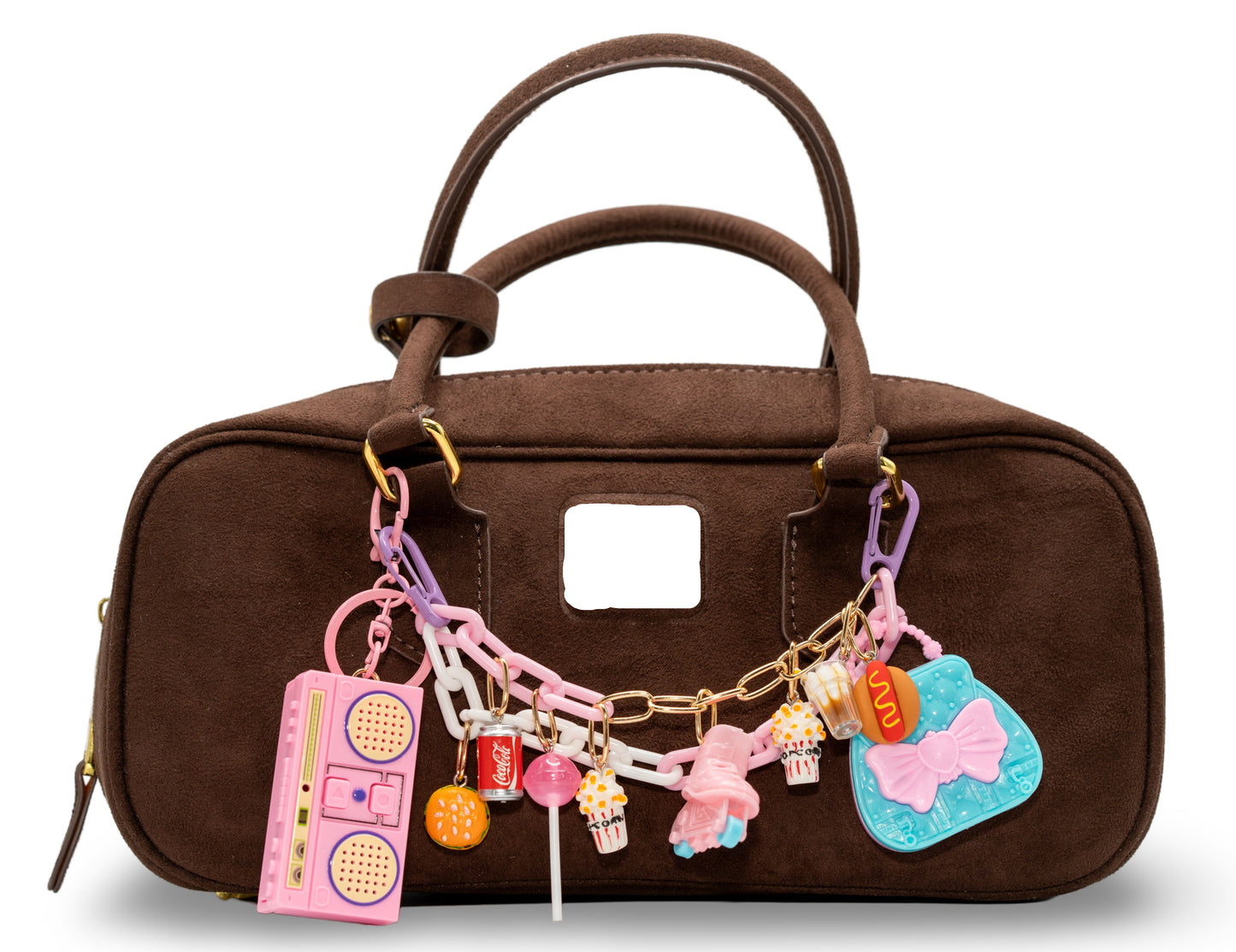 A brown handbag with a custom-made chain charm featuring various colorful charms including a roller skate and a camera.