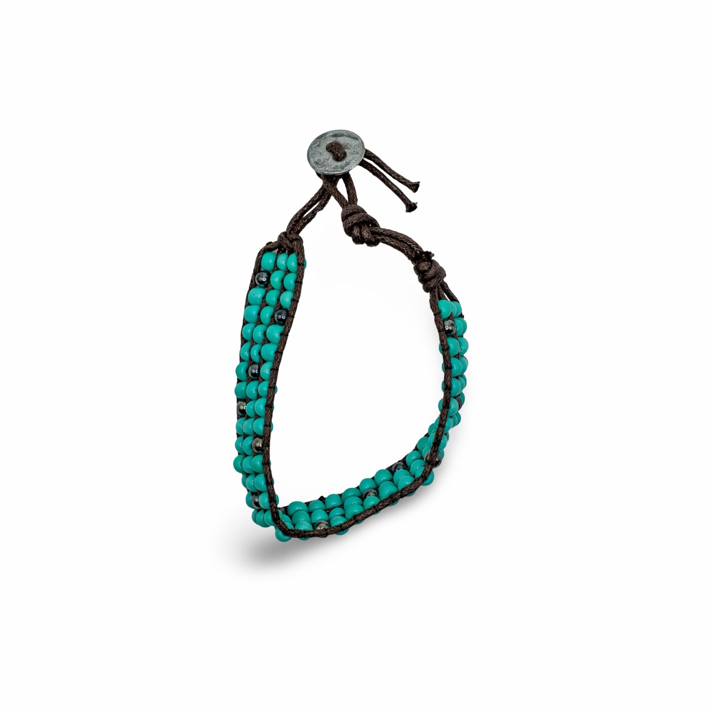 Turquoise and brown leather beaded bracelet