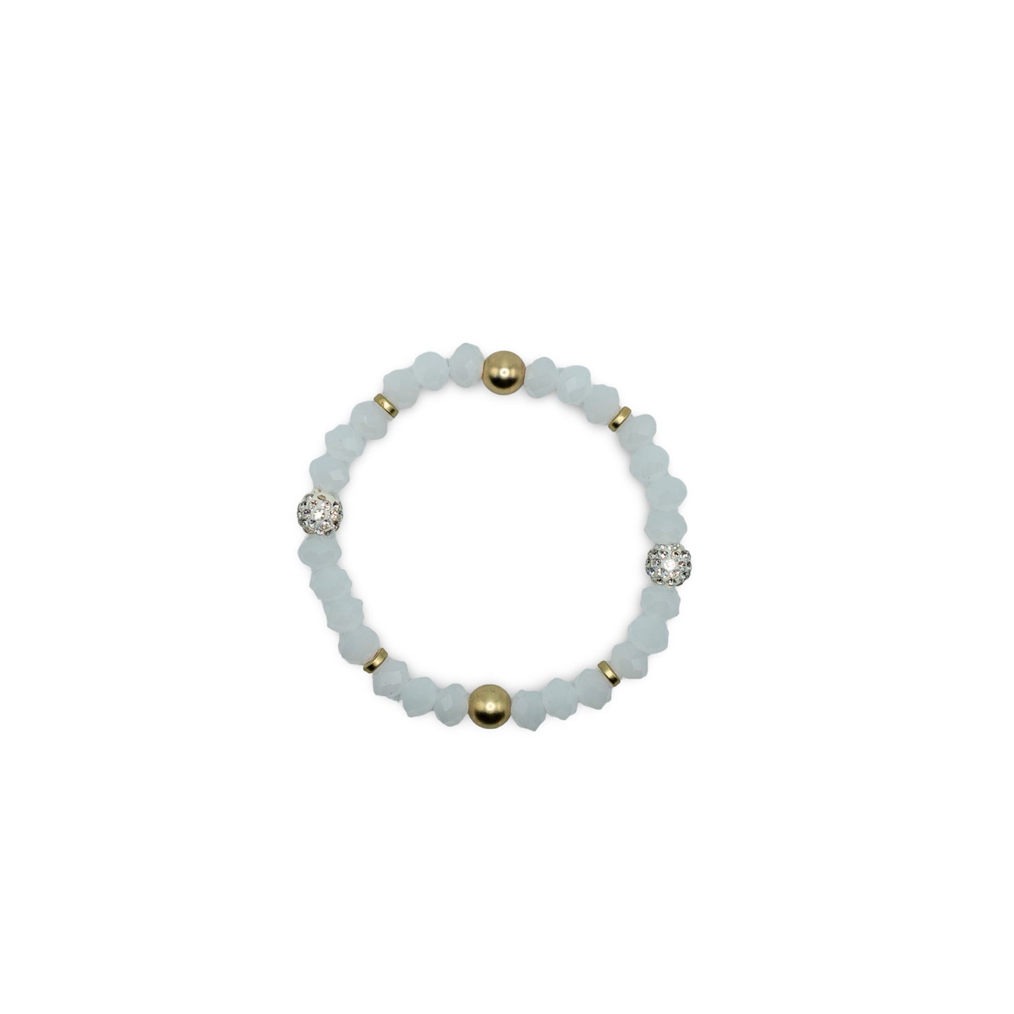 Bracelet with white beads and gold accents on a white background