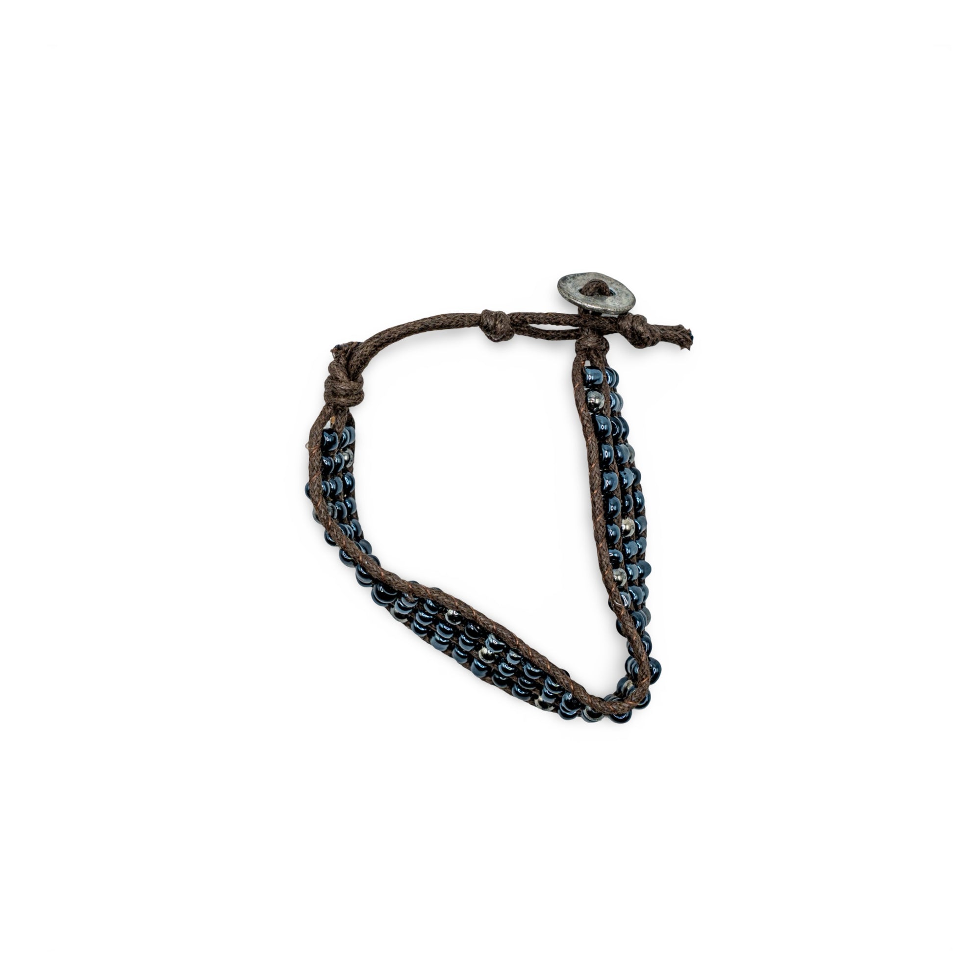 Bracelet with blue beads and brown leather cord