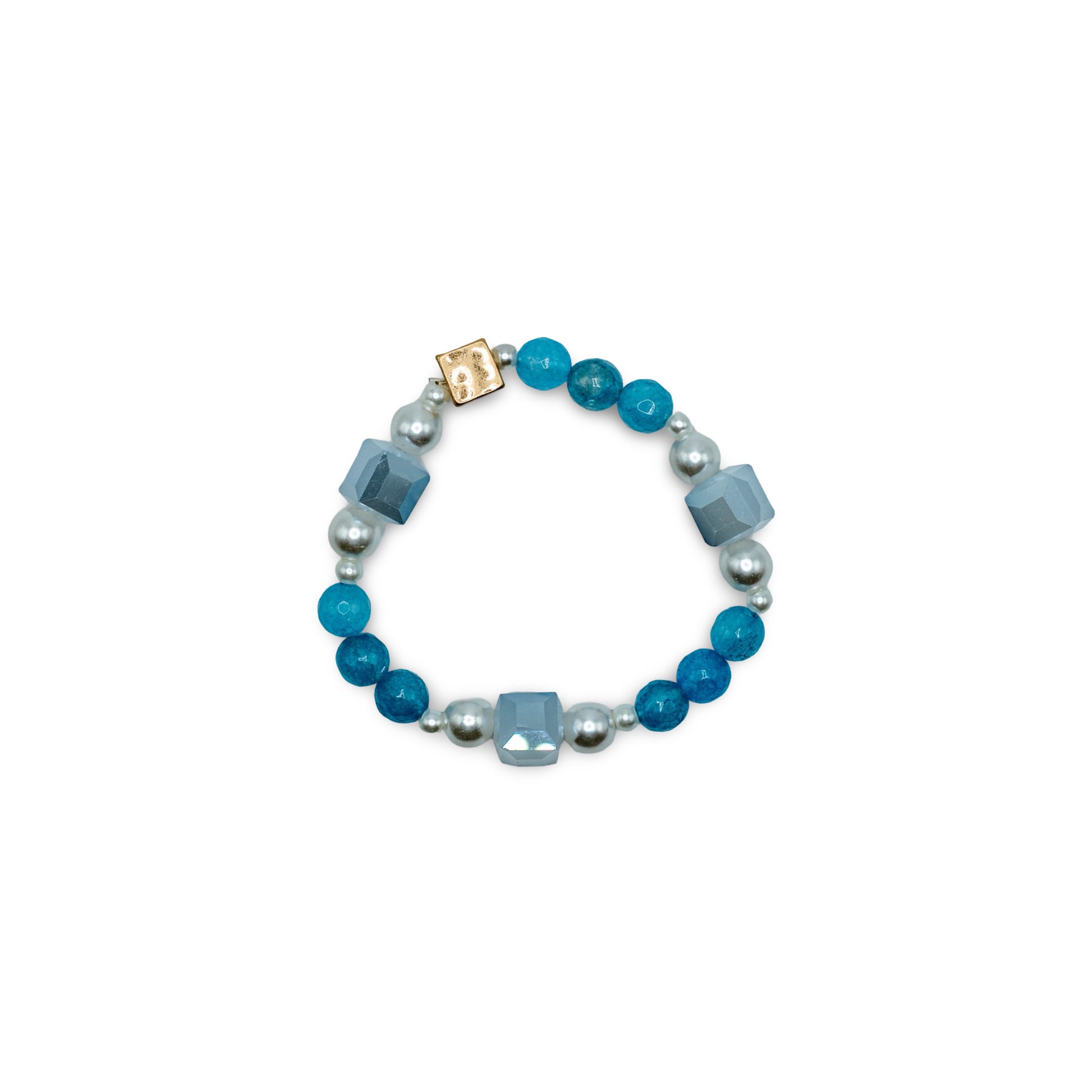 Bracelet with blue, gray, and gold beads